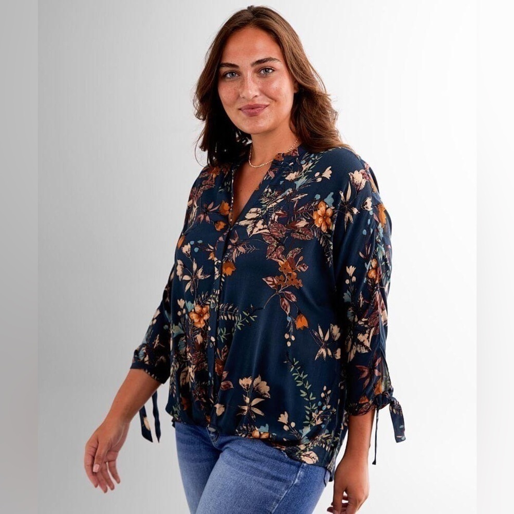 Daytrip New Womens Size M Floral Dolman Split Neck 3/4 Sleeves Tie Detail‎ Top